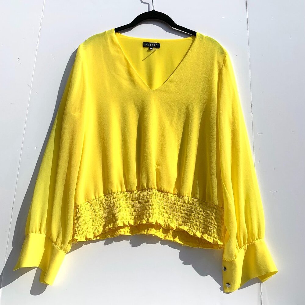 Women’s 1. STATE Yellow Long Sleeve V-Neck Blouse, Smocked Waist, Size M - Picture 1 of 8